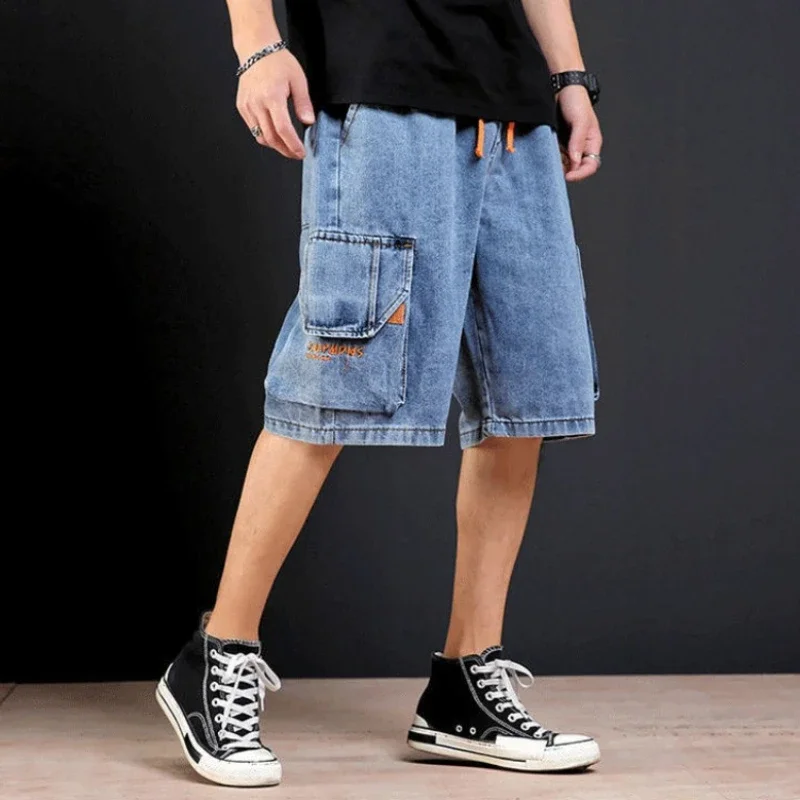 Long Drawstring Half Men\'s Short Jeans Pants Straight Male Denim Shorts Bermuda Korean Fashion Designer Rude Thin Buttons Cut Xl