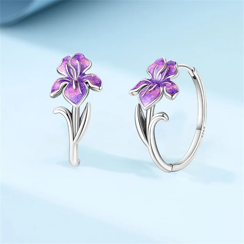 New Original 925 Sterling Silver Purple Swallow Hoop Earrings Sparkling CZ Zircon Earrings For Women Fine Birthday Jewelry Gifts