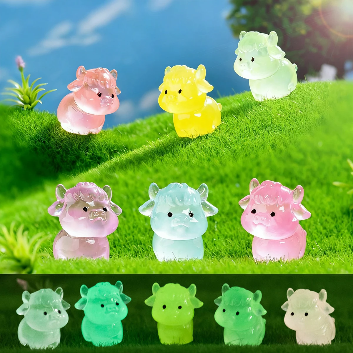 10/20PCS Luminous Cow Figurines Glow In The Dark Mini Resin Decor For Fairy Garden Christmas Party Gift Random Color
