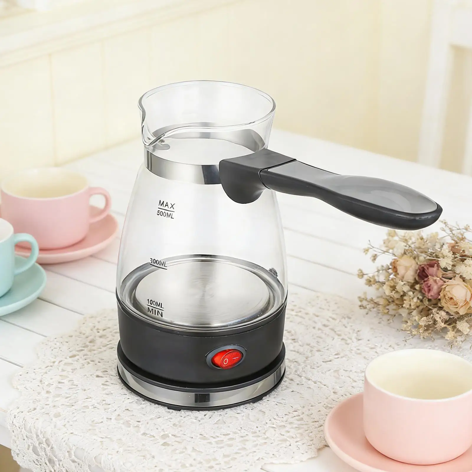 

Clear Glass Turkish Coffee Pot Electric Fast Brewing Coffee Jug with Heat Insulated Handle Milk Warmer for Cafe and Home