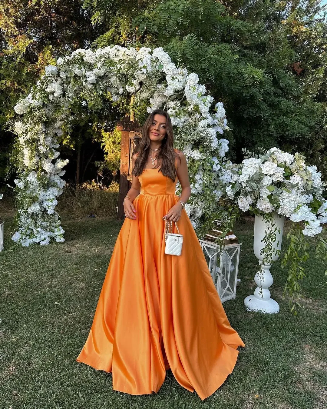 Customized Ladies Evening Dress A-Line Square Neck Sleeveless Prom Dresses Orange Floor Length Formal Women Party Dresses