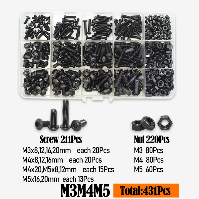 2510-teiliges Rundkopfschrauben-Set M2 M2.5 M3 M4 M5 M6 Schwarz 10.9 Güte Innensechskant-Kopfschrauben Bolzen Muttern Unterlegscheiben ISO7380