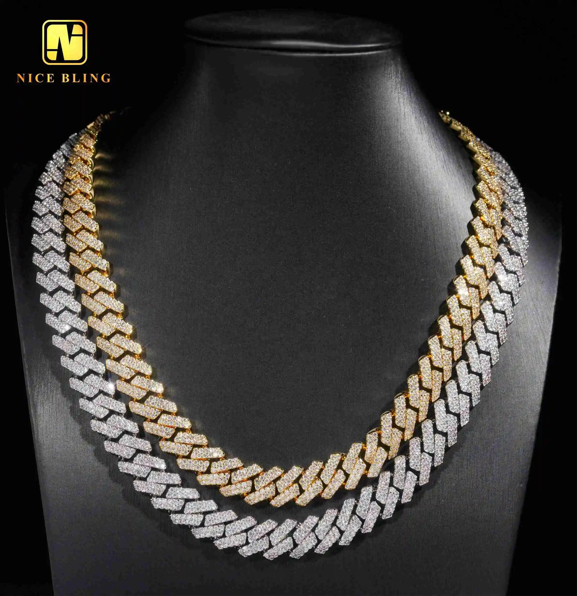 Iced 13mm Out Cuban Link Chains 2 Rows Prong Setting Wholesale Brass Cuban Necklaces Hip Hop Rappers Cubic Zirconia Necklace.