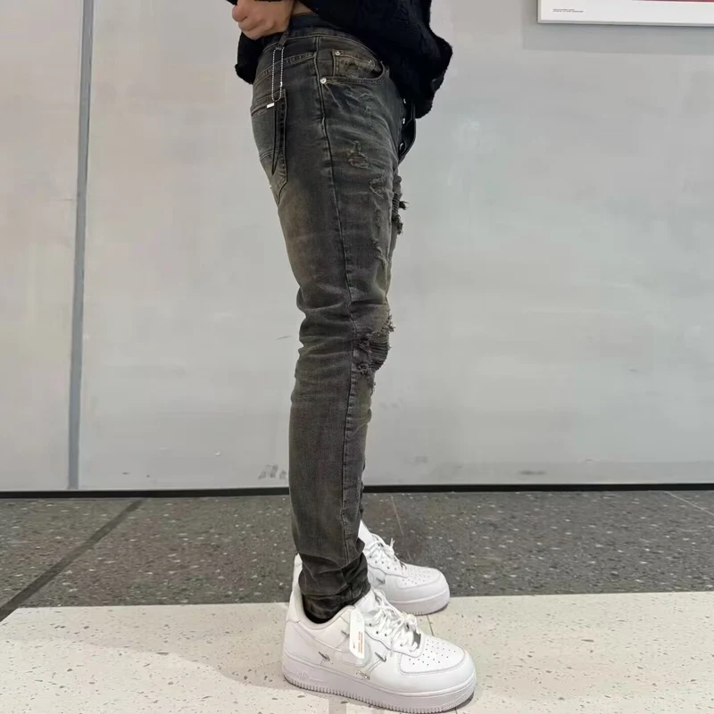 Y2K designer's new men's jeans elastic patch leather jeans high street fashion hip-hop brand washed black gray pants hombre