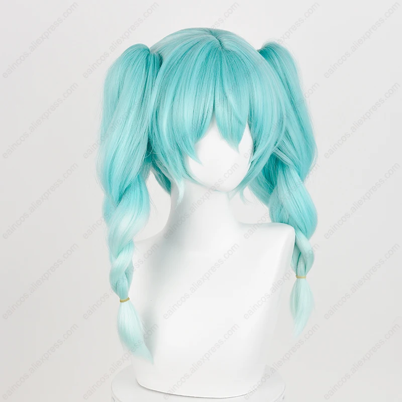 Miku Bunny Cosplay Pruik 45Cm Lang Gevlochten Paardenstaarten Pruiken Cyaan Gradiënt Hittebestendig Synthetisch Haar