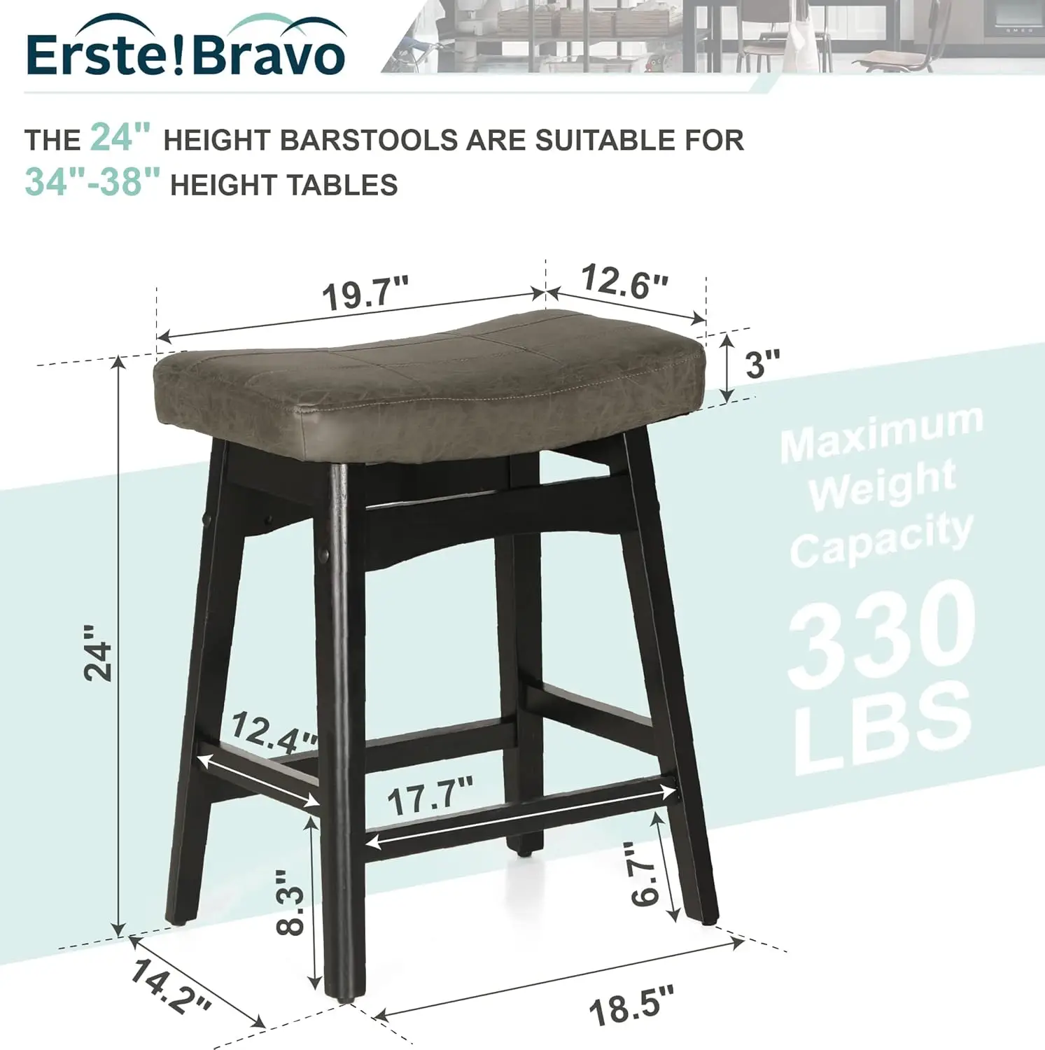 Grey Solid Wood Bar Stool For Kitchen Counter Height Barstool With Faux Leather Saddle Seat Farmhouse Upholstered Stool For