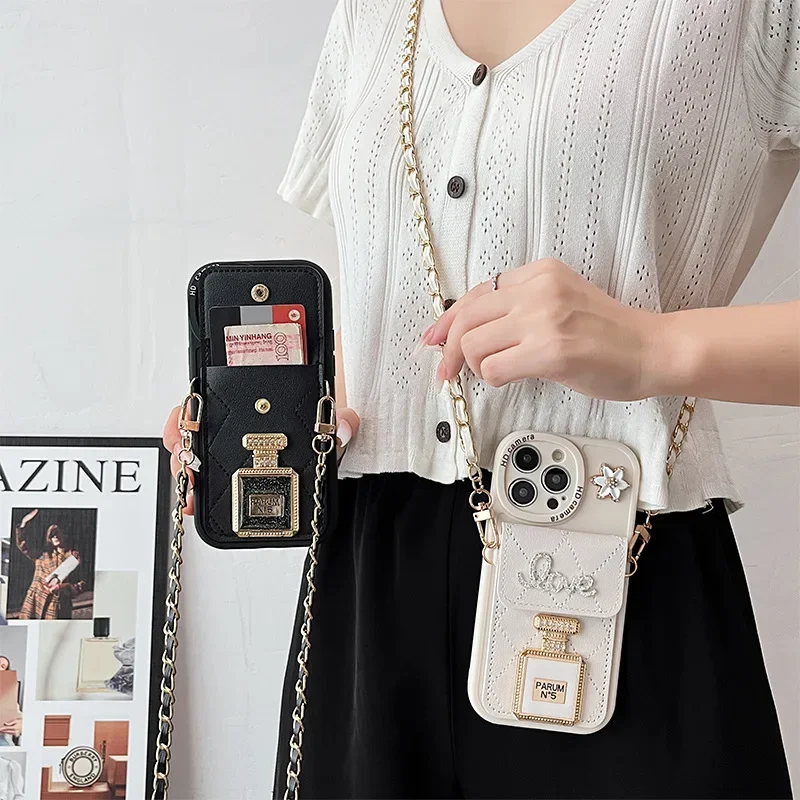 

Korean Wave Phone16plus15 perfume bottle mirror mobile phone case suitable for 17Pro cross body wallet card bag 12 rhinestone 8