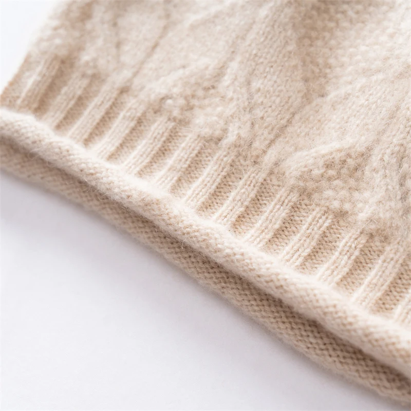Autumn and Winter Women's 100% Cashmere Knitted Bean Hat Solid Color Jacquard Hollow Edged Outdoor Warm Ear Protection Hat