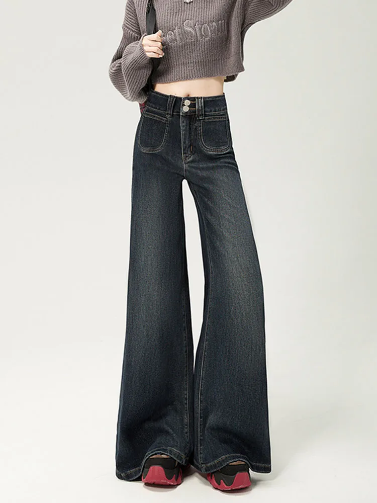 ワイドレッグヴィンテージブーツカットジーンズレトロバギー韓国風ハイウエストバケロスルーズストレートレディースカジュアルデニムパンツ ﻿