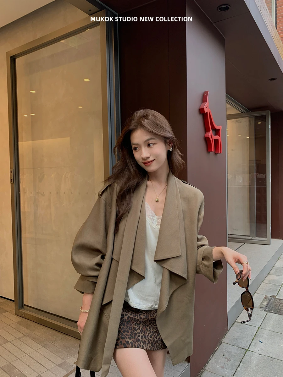 MUKOK100 Days Silk Asymmetric Design Lightweight Medium Length Coat Fall Spring Seasonal Fashionable Women's Commute Wear