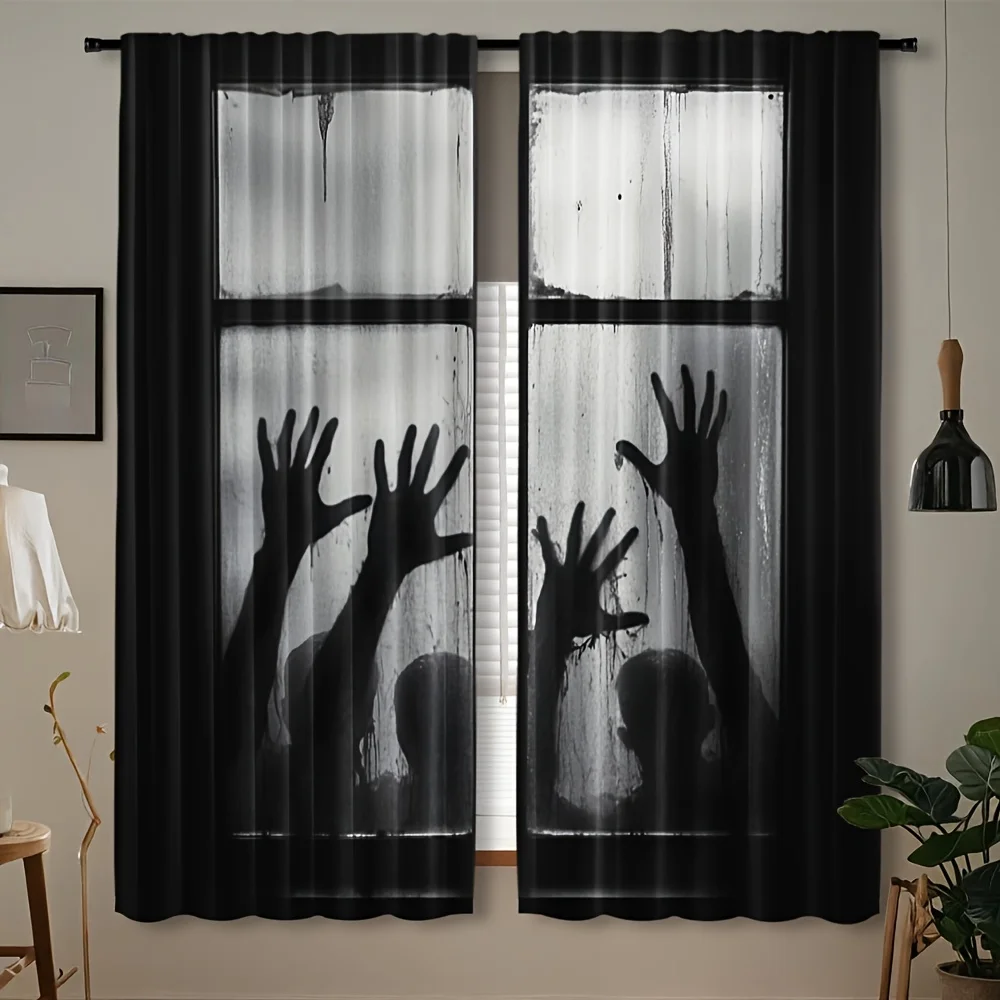 Scary Zombie Hand Curtains, Black Horror Silhouette Print Drapes for Halloween Party Spooky Haunted House Window Treatment Decor