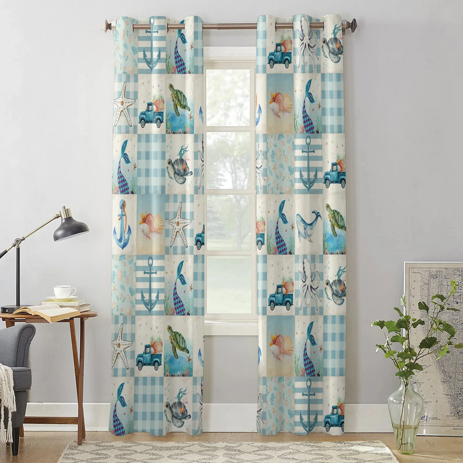 New Style Undersea Animal Style Bedroom High Blackout Curtains Blue Plaid Pattern Home Thick Clackout Drape Living Room Curtain