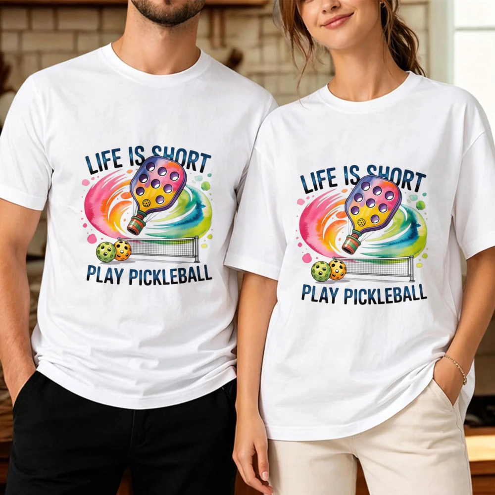 Watercolor Rainbow Pickleball Paddle Ball Print Unisex Cotton T Shirt Life Is Short Play Pickleball Colorful Art Tee Sports Tops