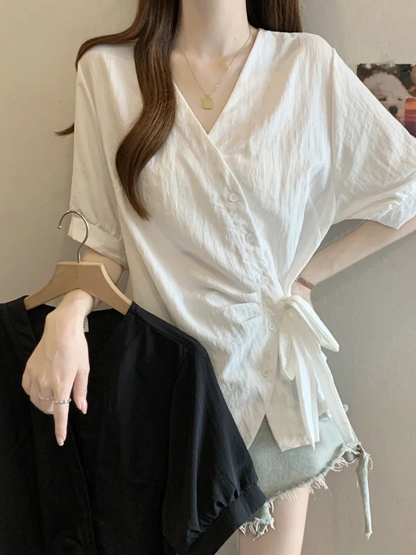 

plus Size Loose Summer Shirt V-Neck Short Sleeve Women's Clothing Casual Breathable Polyester Unique Stylish Slimming Top