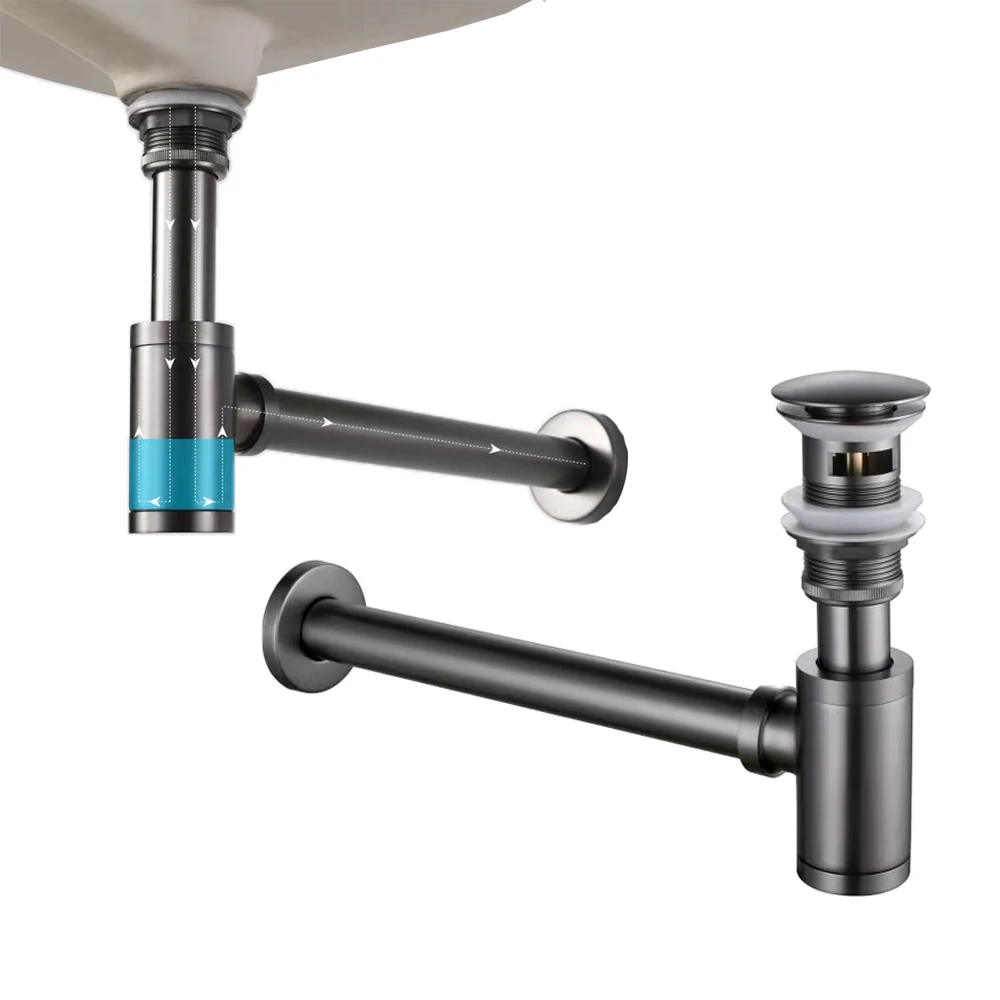 Pistolet Metalowy Szary Umywalka Łazienkowa Pułapka Na Butelkę Spust Nowoczesny Zlew Wyskakujący Filtr Zestaw Zatyczek Czarny Wąż Umywalkowy Akcesoria Renowacja