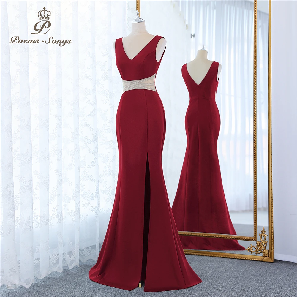 Sexy waist Burgundy evening dress vestidos formales vestidos de fiesta robe de soiree de mariage robe longue party dress