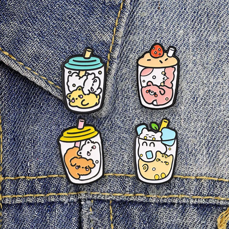 Niedliche Bubble-Tea-Tier-Emaille-Abzeichen, Cartoon-Getränkebecher-Anstecker, liebenswerte Haustier-Charakter-Broschen, Reversnadel-Set, Geschenk für Freunde – Detail 2