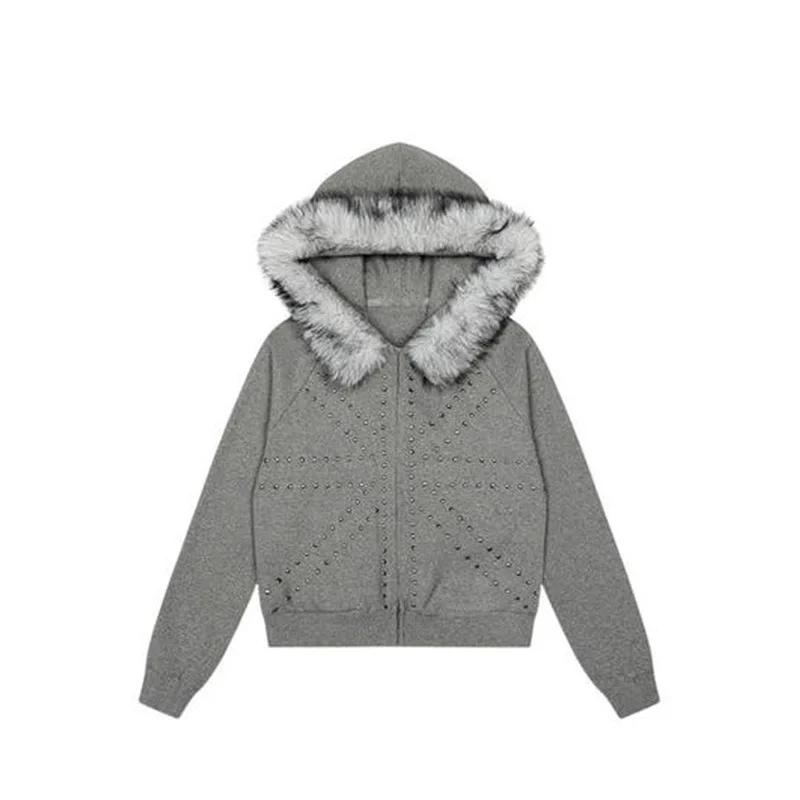 

Свободная повседневная толстовка с капюшоном и меховым воротником в готическом стиле, осень-зима 2025 года, модный новый топ на молнии в европейском и американском стиле