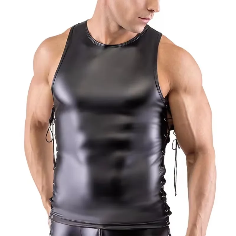 Men's Faux Leather V-neck Tank Top with Side Lace-Up Sleeveless Vest for Gym Nightclub Stage Wear Sexy Summer Undershirt