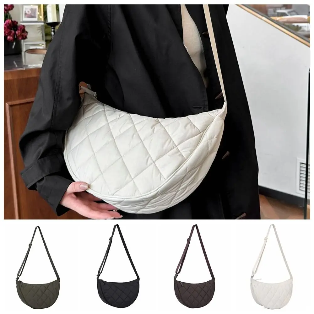 

Casual Solid Color Plaid Crossbody Bag Quilted Padded Half Moon Bag All-match Adjustable Strap Nylon Shoulder Bag Travel