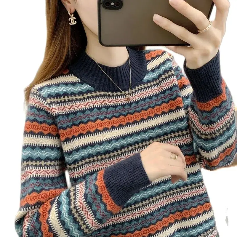 Half high collar women\'s sweater Autumn winter 2025 new loose pullover sweaters warm thicken stripe vintage ethnic style knitwea