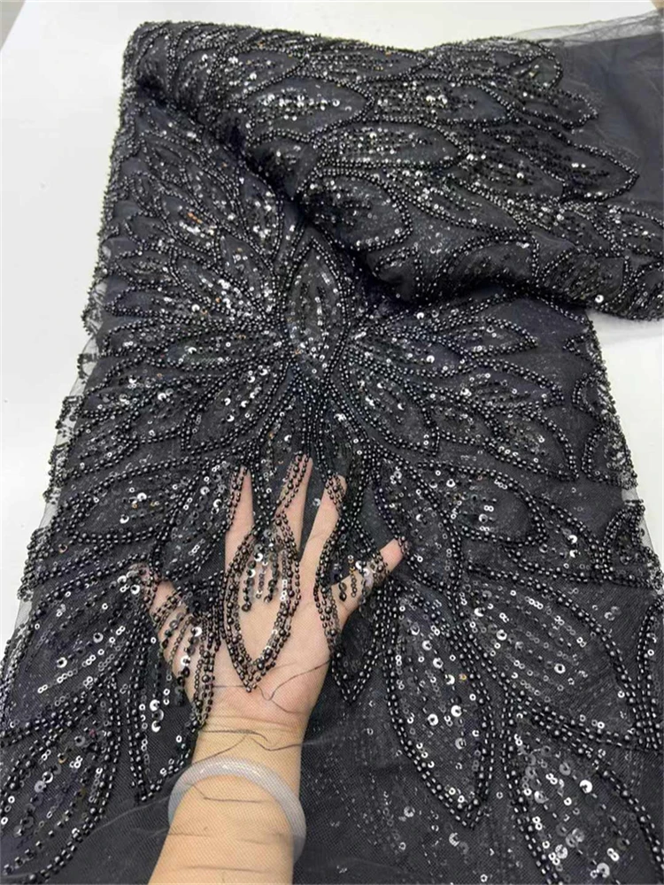 

French African 3D Lace Fabric 2025 With Beaded High Quality Embroidery For Women Wedding Dress Nigerian Lace Mesh Fabric 5 Yards