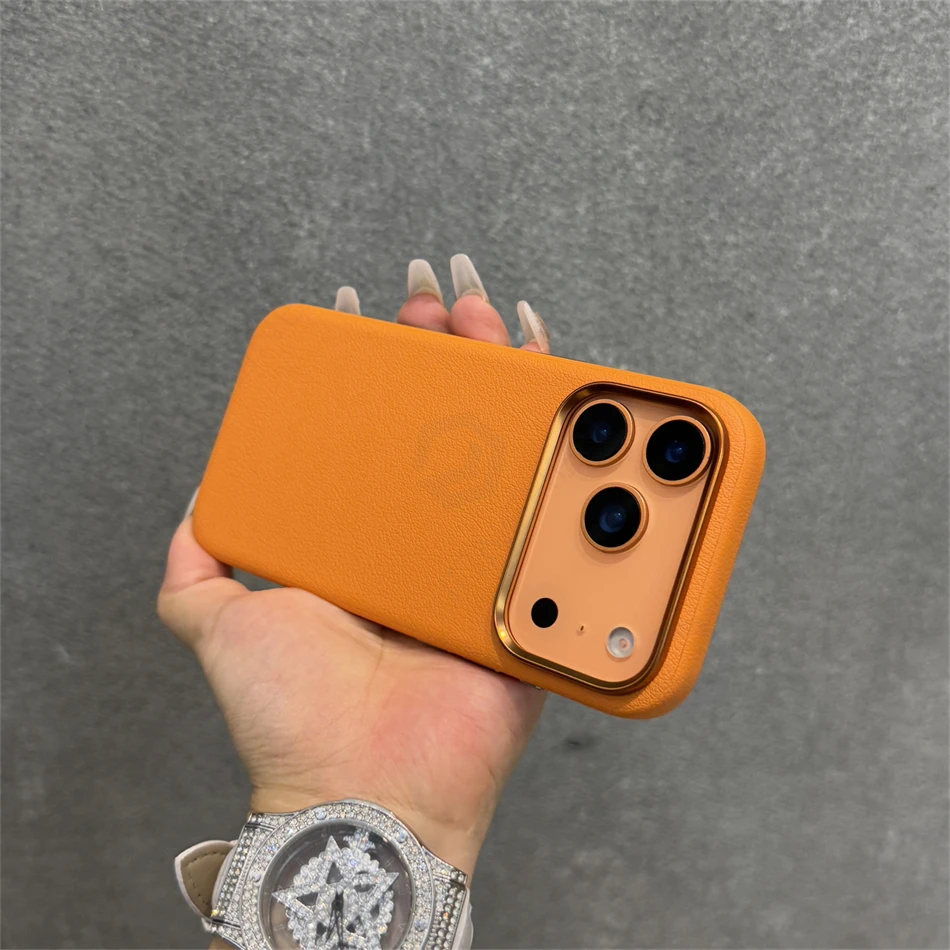 Luxury Business Slim Leather For Magsafe Case For iPhone Air 17 Pro Max 17pro Orange Magnetic Wireless Charge Shockproof Cover