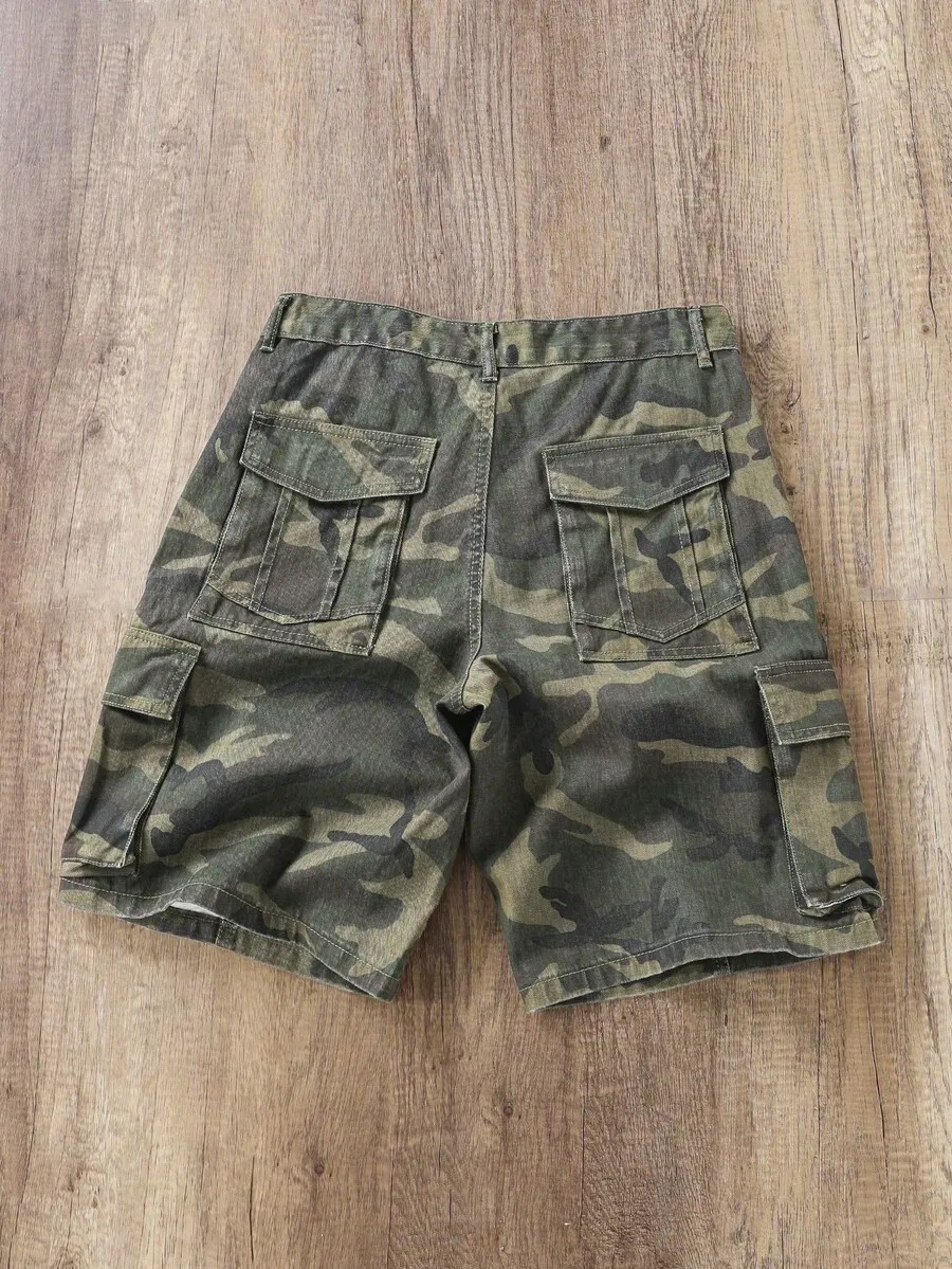 Mens Casual Camouflage Denim Cargo Shorts For Summer Outdoor Street Wear