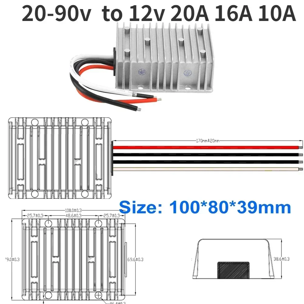 

20V-90v 24v 36v 48v 60v 72v to 12v 20A 16A 10A DC DC Converter Reducer DC Converter Step Down Buck 12v dc Voltage Regulator