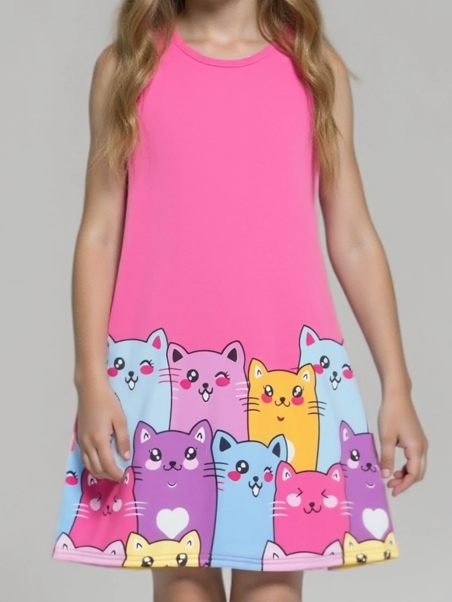 Kids Girls Cute Cat Swing Dress, Pink Base Multi-color Kitty Group Hem Print Sleeveless A-line Dress for Outdoor & Vacation