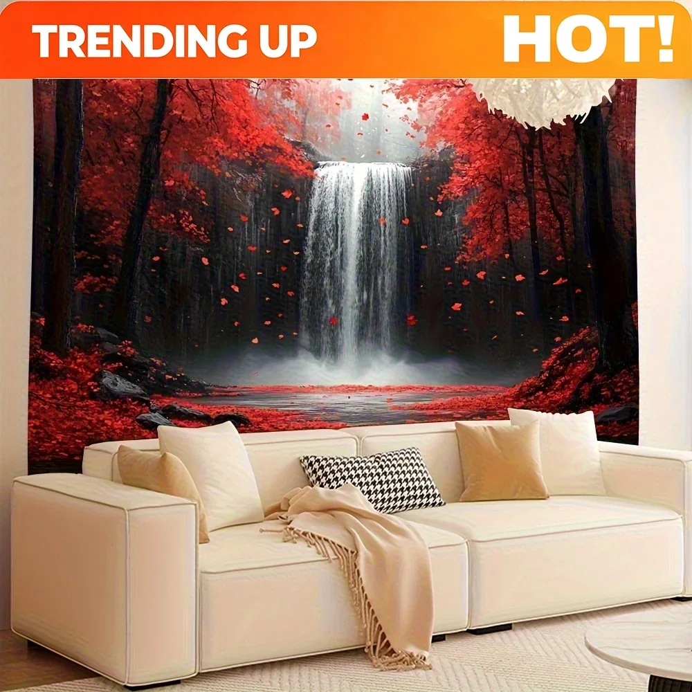 Customization [Vibrant Autumn Leaves Tapestry] Vibrant Autumn Leaves Red Maple Waterfall Tapestry | 1pc Durable Fabric Indoor Wa