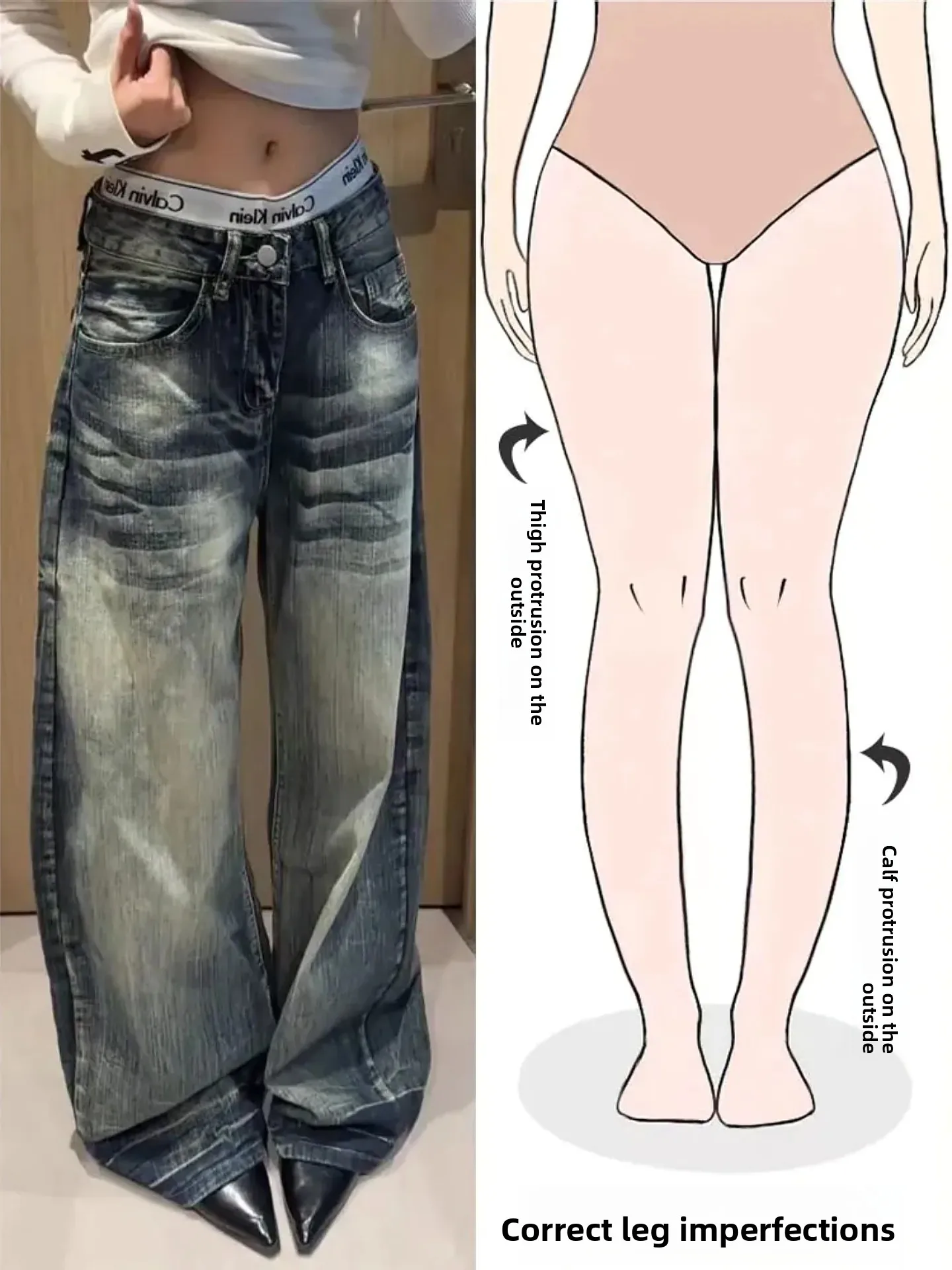 

Retro Washed Wide Leg Denim Jeans Women's Spring New Street Style Design Long Pants Pear Shape Body Fit Casual Jeans