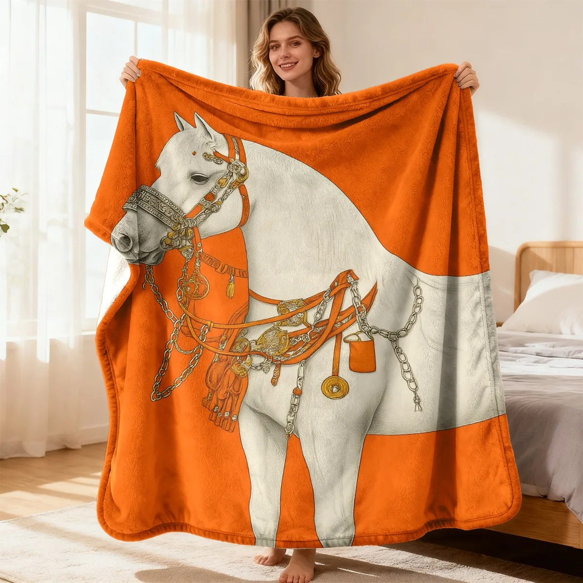 White Horse Fleece Blanket Equestrian Print Throw Soft Warm All Season Bedding Home Decor Gift for Horse Lovers