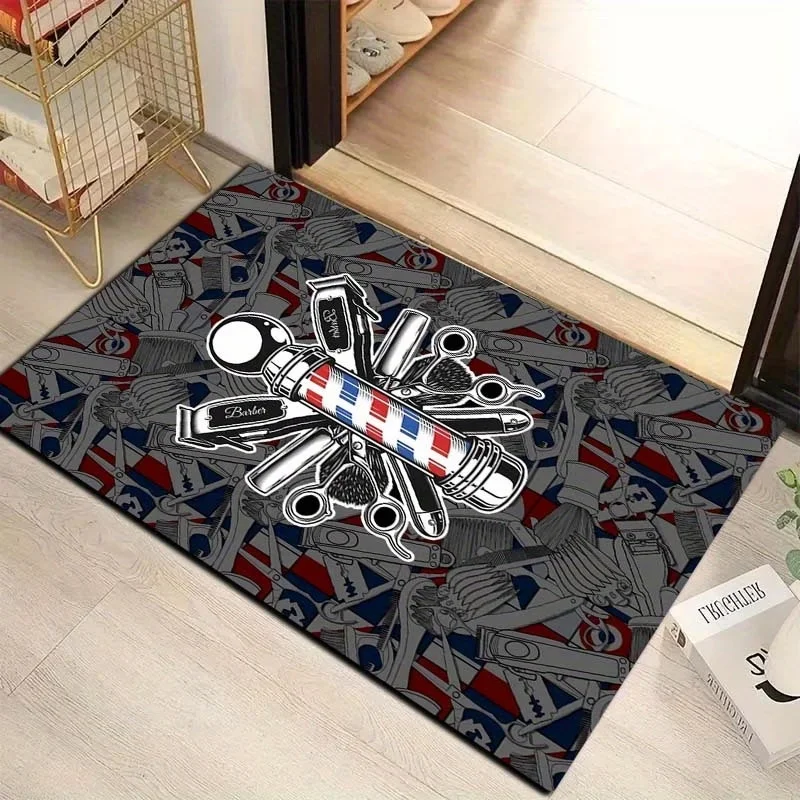 Barber Shop Theme Mat Non-Slip Barber Pole & Barber Tools Print Floor Mat for Salon Entrance, Home Mat in Barber Shop Colors