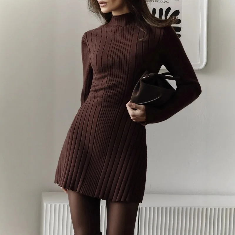 فستان بأكمام طويلة وياقة نصف عالية، تنورة محبوكة للربيع، تنورة على شكل حرف A بمزاج أوروبي وأمريكي