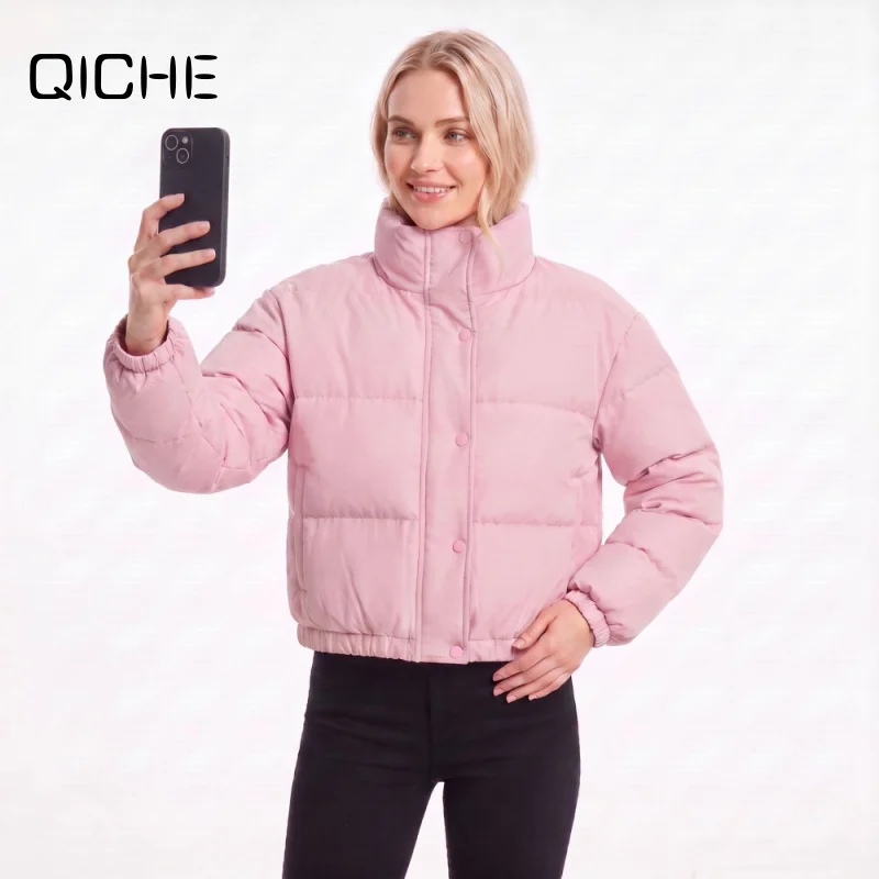 QICHE Women Short Stand Collar Puffer Jacket 2026 Winter, Petite Size Fashion Casual Outercoat
