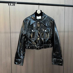 VGH Autumn and winter lapel long sleeves pocket design belt decoration shiny PU leather American retro jacket