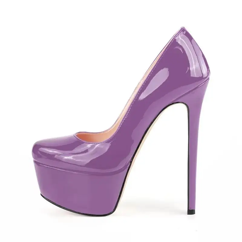 

16cm Platform Patent Leather Pumps Blue Pink Black Round Toe Stiletto High Heels Slip On Women Banquet Footwear Plus Size 46