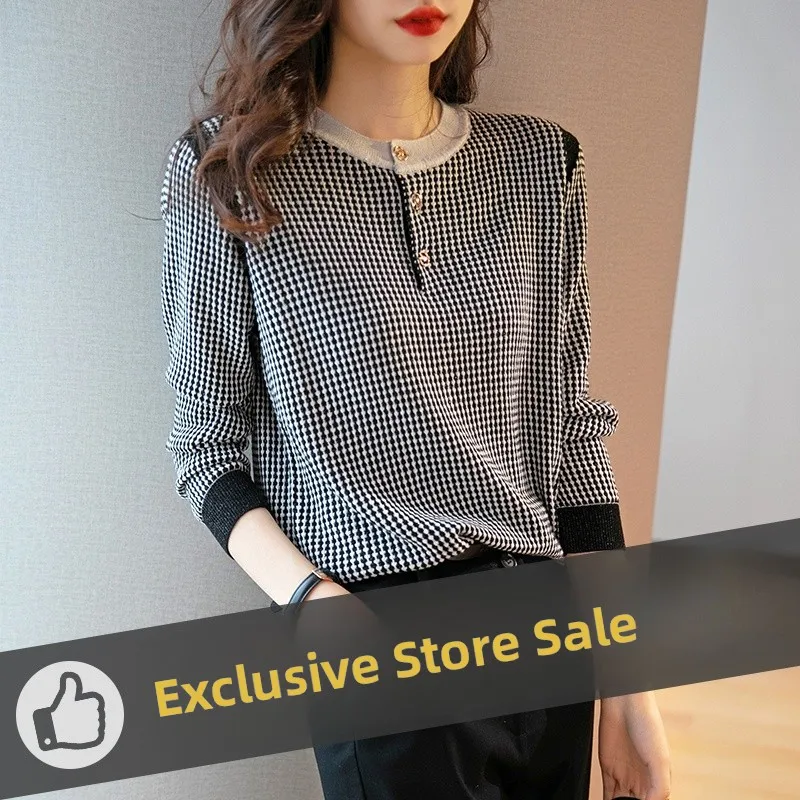 

Женский вязаный свитер с клетчатым узором Sweet Sle Slim Fit Long Sve round Ne Regular Length Autumn Faion Top