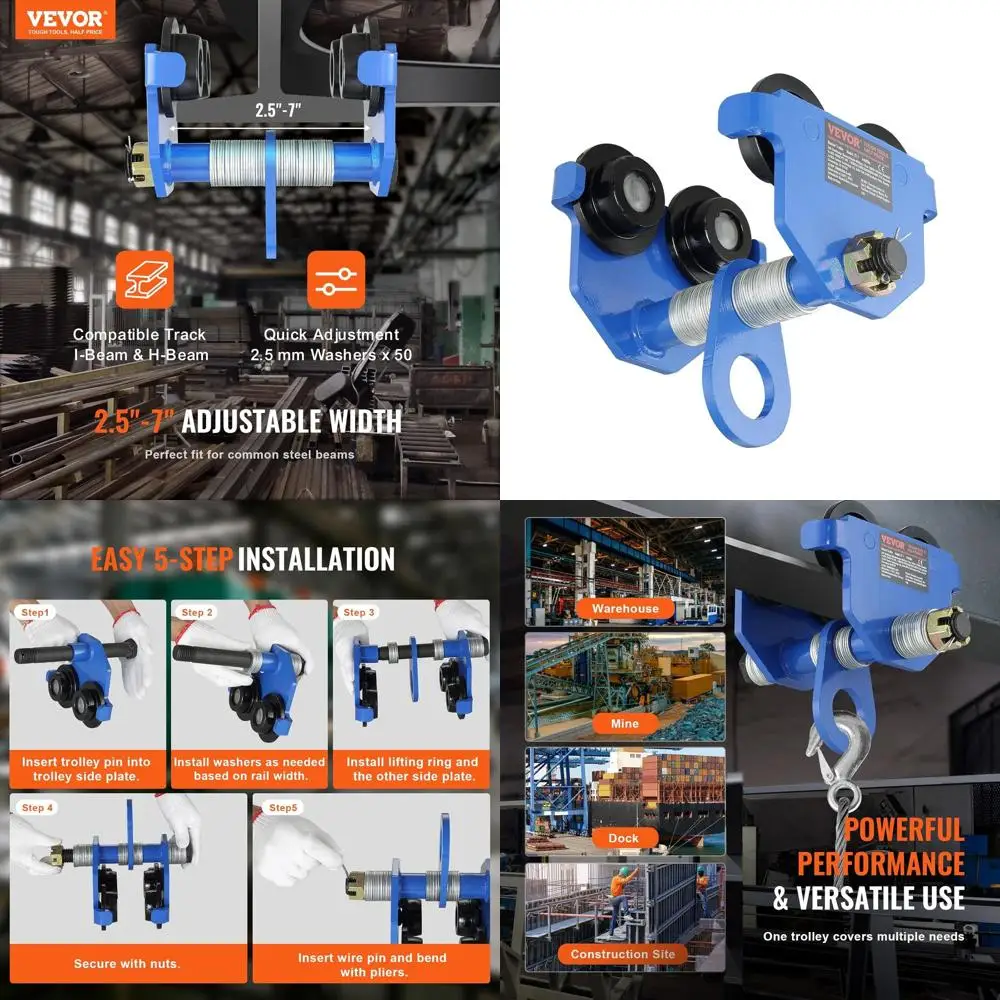 

2-тонная тележка с нажимной балкой, регулируемая для фланцев I-Beam 2,5–7, сверхпрочная стальная подъемная система для прямых/изогнутых I-образных лучей