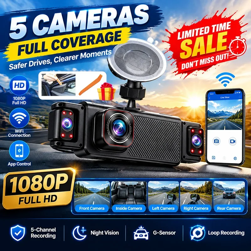 5 Dash Cam for Cars 1080P HD Recording Front Rear Car Camera Night Vision Recorder Built in Wi-Fi 24H Parking Mode APP Monitor