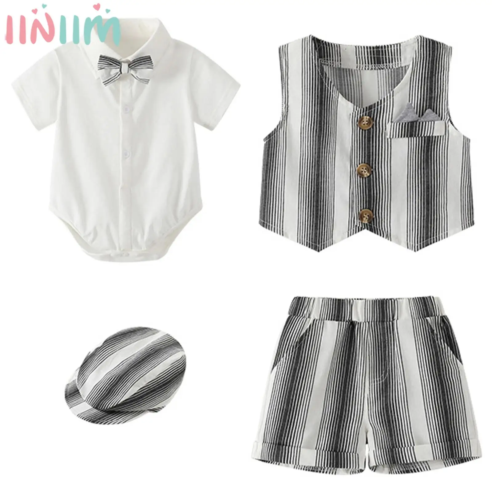 

Baby Boys Christening Gentleman Suit Summer Short Sleeve Bowtie Romper with Vest Shorts Hat for Birthday Wedding Photography