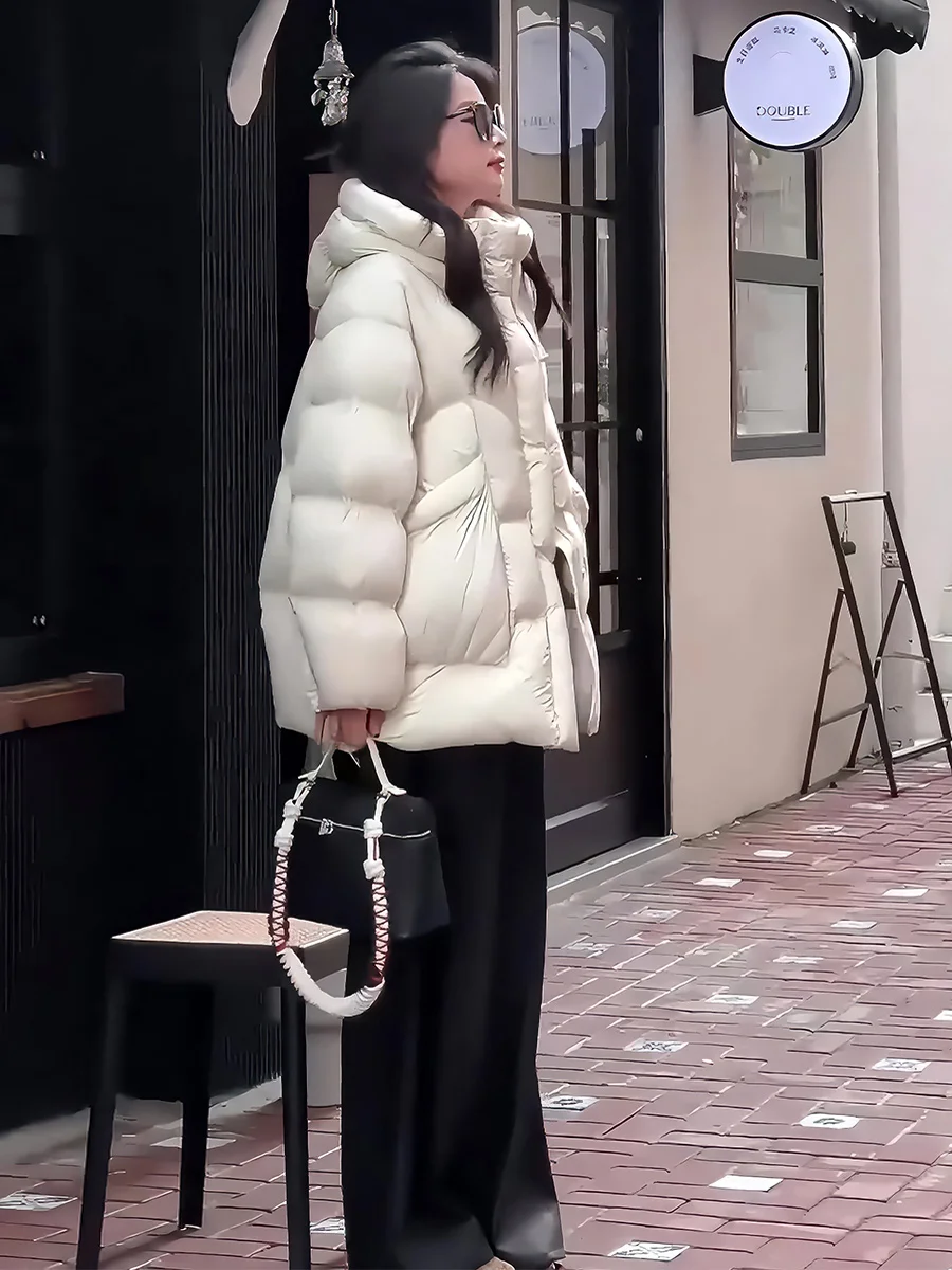 

Women's Winter Puffer Jaet Muted Beige Hooded Stand Collar Zipper Bread Coat Thiened Du down Commute Sle Regular Length