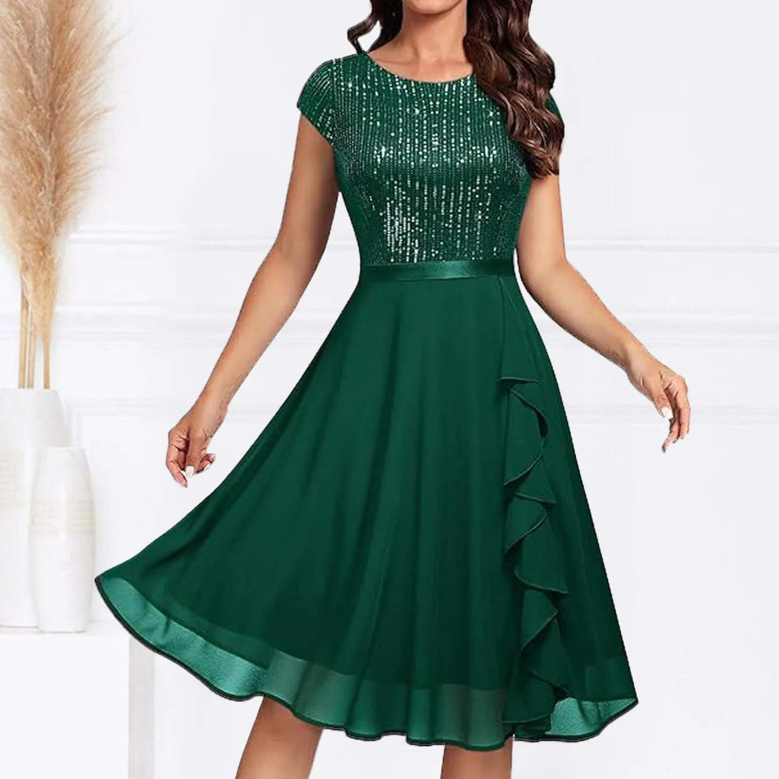 Elegantes Damen-Chiffon-Kleid mit Pailletten, modisch, kurzärmelig, O-Ausschnitt, einfarbig, für Damen, ganzjährig, formelles Abend-Partykleid