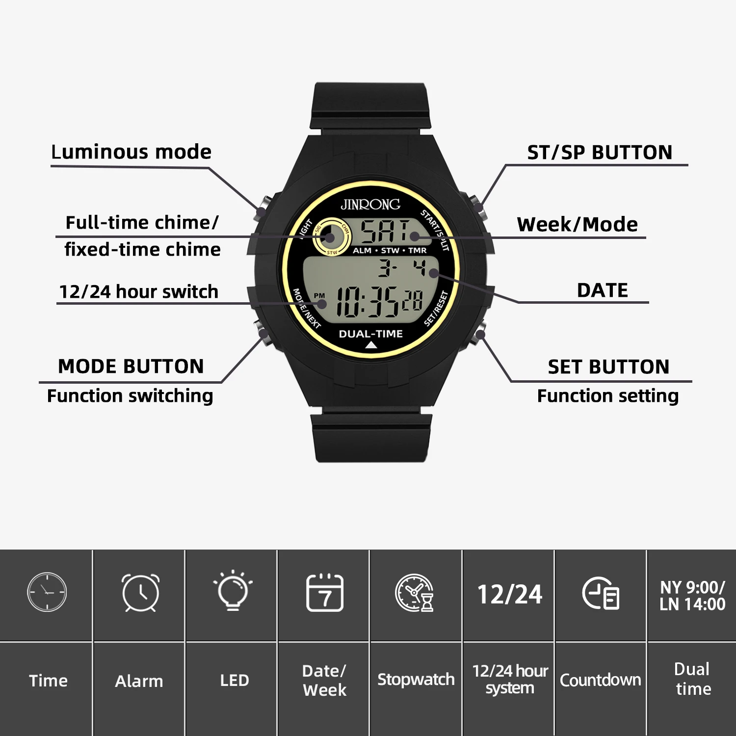 2025 ساعة رياضية خارجية إلكترونية متعددة الوظائف للرجال والنساء مقاومة للماء 30 متر مؤقت ضوء ليلي توقيت مزدوج