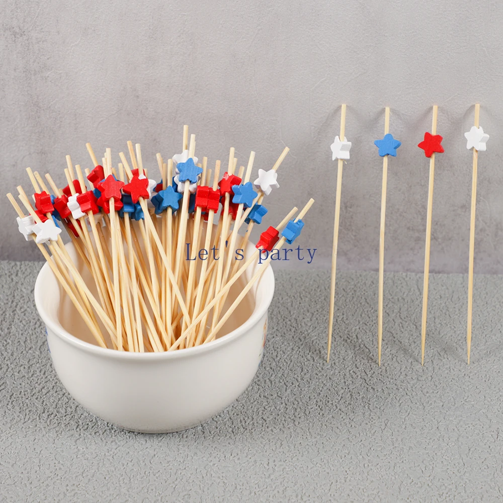 100Pcs Independence Day Theme Disposable Bamboo Food Picks Star Dessert Fruit Forks for 4th of July Birthday Party Decoration