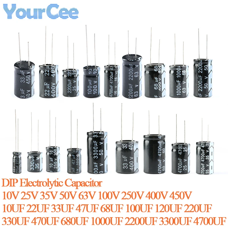 5PCS DIP Electrolytic Capacitor 10V 25V 35V 50V 63V 100V 250V 400V 450V 10UF 22UF 33UF 47UF 68UF 100UF 120UF 220UF 330UF 470UF
