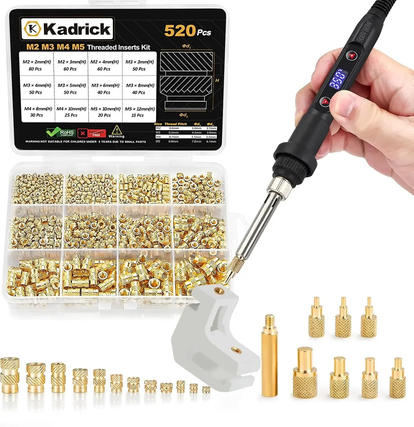 Professional Heat Set Insert Tool Kit: 80W Soldering Iron Heat Insert Tool with 520pcs Brass Inserts & Heat Set Insert Tips (M2-M8) for 3D Printing