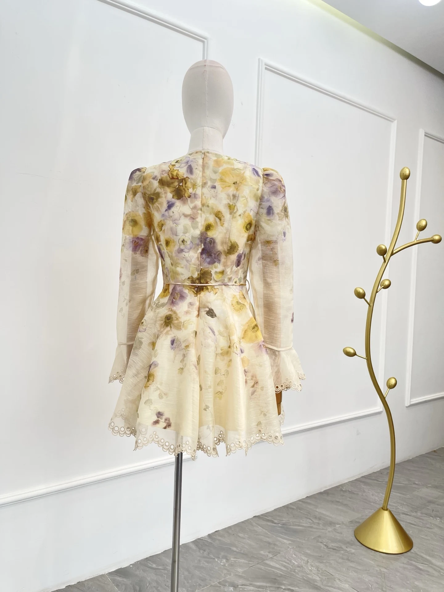 Mini Dress 2026 New Design Beige Violet Floral Print Embroidery Long Sleeve V Neck Scallop for Ladies