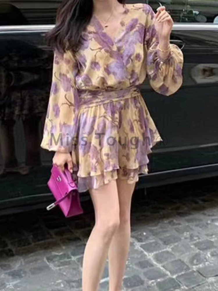 Autumn Floral Sweet Dress Women Patchwork Sexy Style Y2k Vintage Mini Dress Female Korean Fashion Princess Cute Print Dress 2024